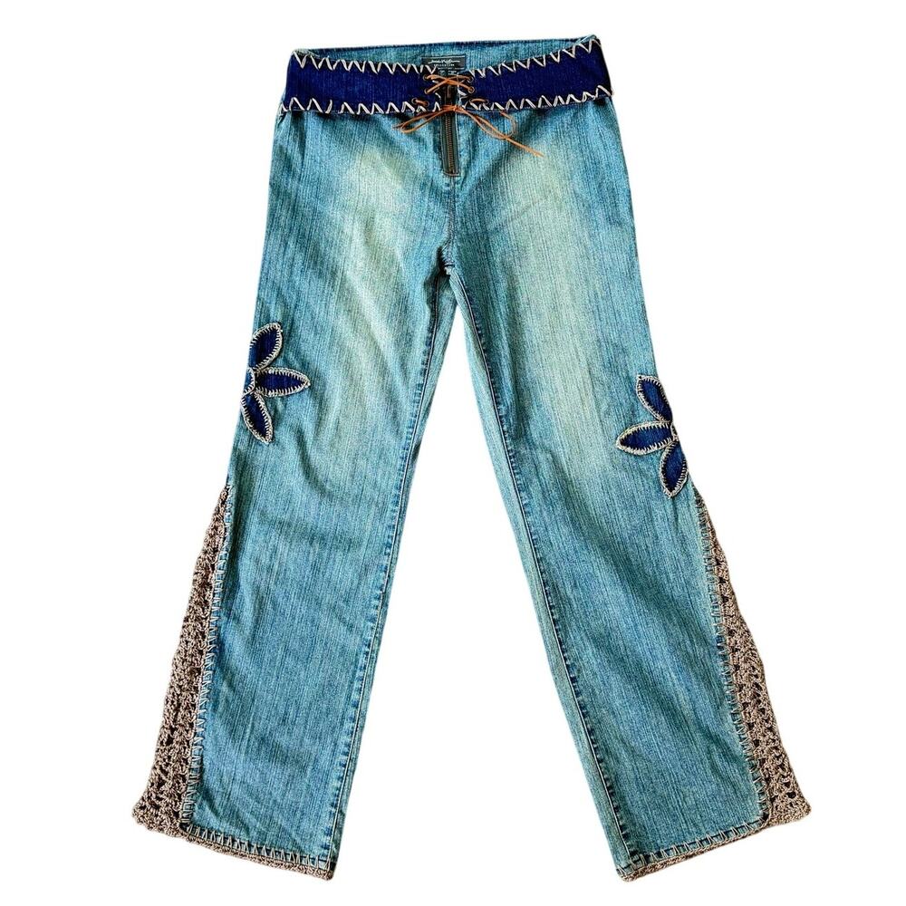 Vintage Jamie Nicole Y2K Flower Crochet Flare Hippie Jeans Size 10